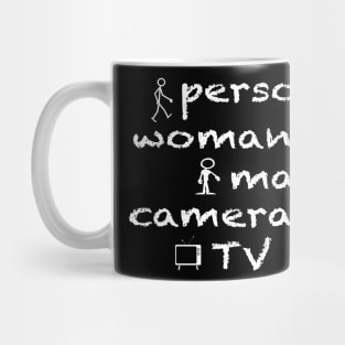 person woman man camera TV with pics Mug